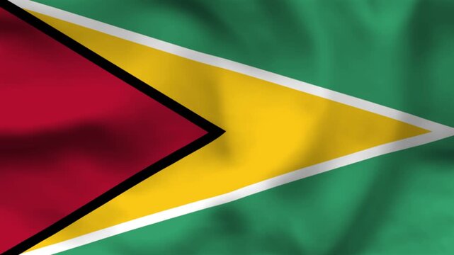 National flag of Guyana on wavy cloth. Features the triangular Golden Arrowhead with green, yellow, white, black, and red. Professional top-down perspective for South American themes