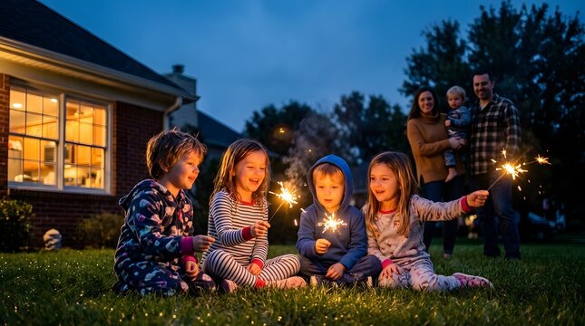 Happy young children sitting on the green lawn holding glowing sparklers with their parents in the background during a festive summer evening celebration at home