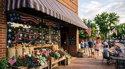 Obraz premium Cinematic wide angle shot of a charming American bakery decorated with flags and stars for Independence Day celebration