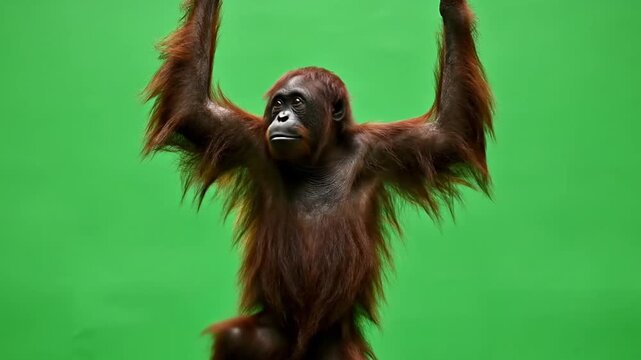 A young orangutan with reddish-brown fur stands with its arms raised against a vibrant green background.