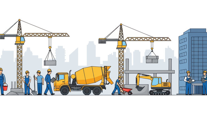 Construction workers operate cranes and cement mixer at a city building site