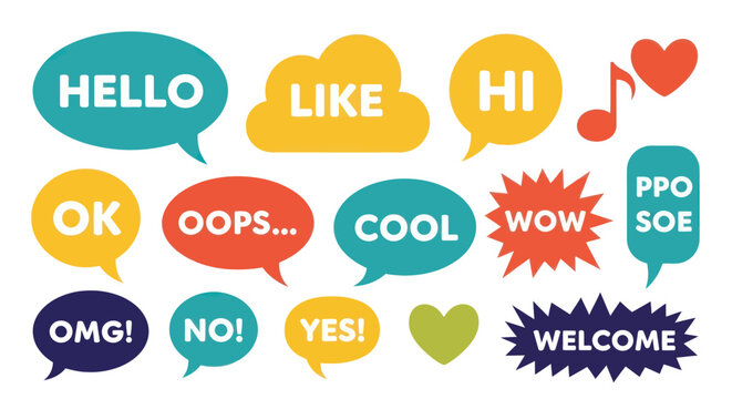 A vibrant collection of colorful speech bubbles and words like Hello, Like, and Welcome are displayed prominently.