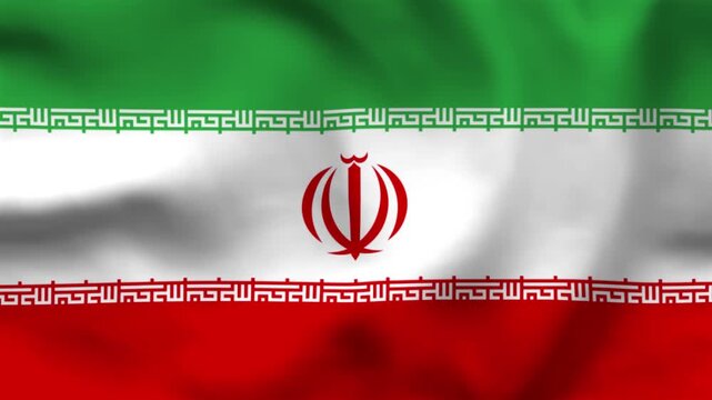 National flag of Iran on wavy cloth. Features green, white, and red bands with Kufic script and central red emblem. Top-down view for Persian culture and national holidays