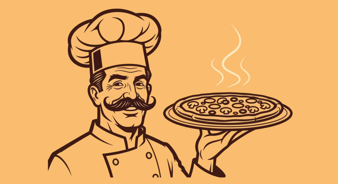 A chef holding a steaming hot pizza in a kitchen environment with a mustache.