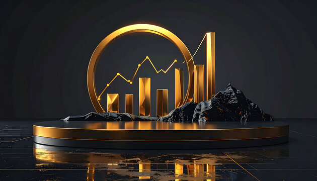Golden business graph on rocky podium with mountain range
