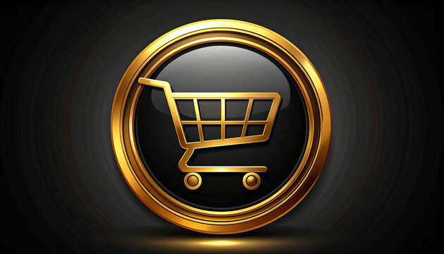 Golden shopping cart icon on dark background