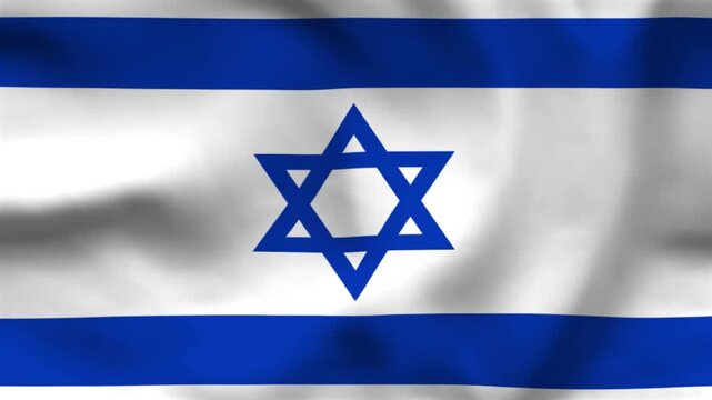 National flag of Israel on wavy cloth. Features blue horizontal stripes and a blue hexagram on a white field. Top-down shot for national holidays and news themes