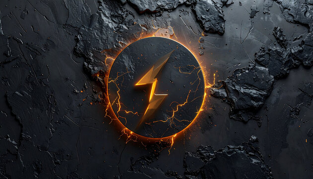 Electricity symbol on cracked dark surface with orange glow