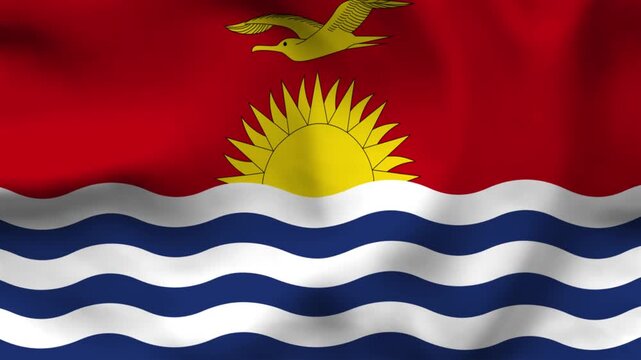 National flag of Kiribati on wavy cloth. Features a frigatebird and sun over blue and white ocean waves. Top-down view for Oceania travel and national celebrations