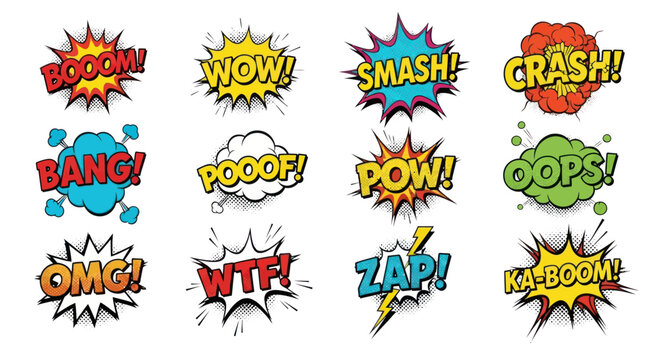 Comic book explosion sound effects display in vibrant cartoon style