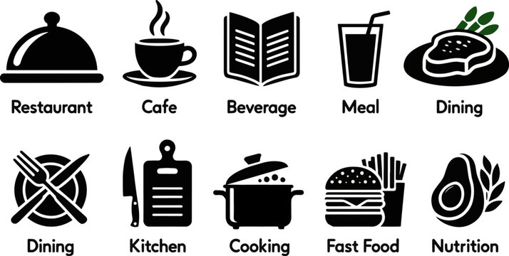 Create a Food and Drink Icon Set. Restaurant, Cafe, Menu, Beverage, Meal, Dining, Kitchen, Cooking, Fast Food, Nutrition. Editable Solid vector art with white background..