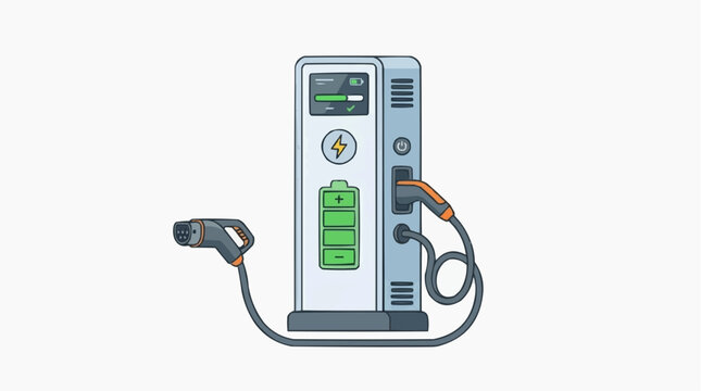 An electric vehicle charging station with two cables connected to the unit. The charging station has a display screen and a battery indicator. Isolated on white background