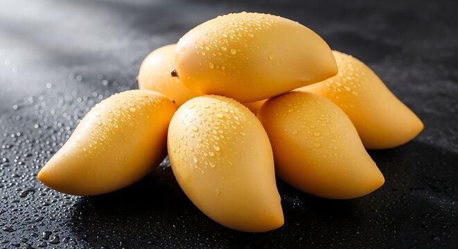 Fresh mango slices on a dark surface. ataulfo mango