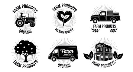 Obraz premium Farm products logo set including tractor, heart seed, truck, tree, van, and house icons.