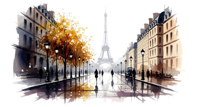People walk towards Eiffel Tower on a rainy Parisian street lined with buildings and trees