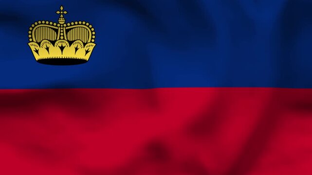 National flag of Liechtenstein on wavy cloth. Features blue and red horizontal bands with a gold crown. Top-down view for European history, news, and national holiday projects