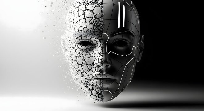 A conceptual illustration of a human face transitioning between organic fracture and digital wireframe technology.