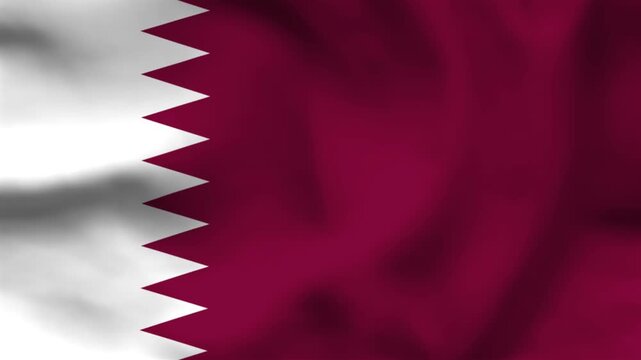 National flag of Qatar on wavy cloth. Features a maroon field with a white nine-pointed serrated border. High-quality top-down view for Middle East news and national events