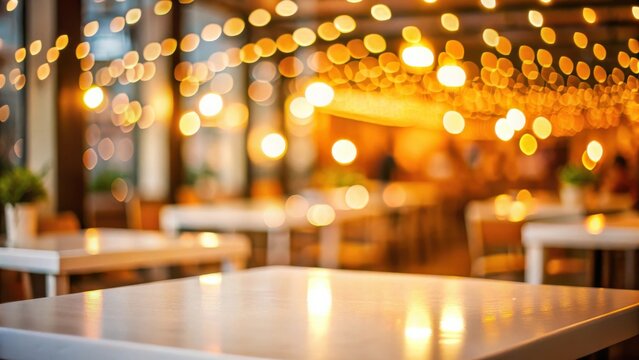 Empty table in a warmly lit restaurant with blurred background of other tables and soft bokeh lights