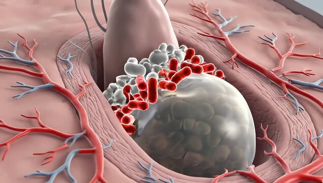 Hormonal acne development beneath skin layers, oil glands reacting to hormone fluctuations