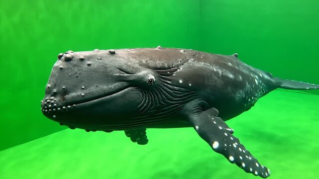A majestic humpback whale swimming gracefully underwater in a vibrant green ocean environment, showcasing its distinctive bumpy head and pectoral fins.