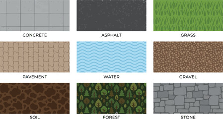 Create a realistic Vector pattern texture cad set for landscape architecture. Includes concrete, asphalt, grass, pavement, water, gravel, soil, forest, and stone surfaces. color vector art .