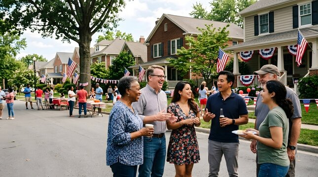 Diverse group of happy neighbors socializing and laughing together at a festive outdoor summer block party in a suburban neighborhood decorated with American flags.