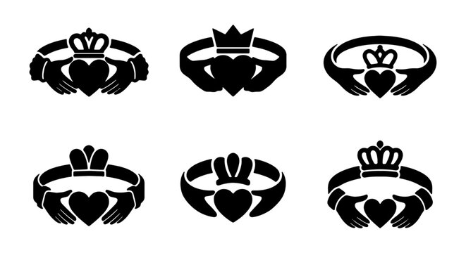 Claddagh Ring Icons, Irish Love Symbol Vector Set, Loyalty Friendship Heart Crown