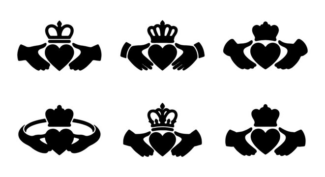 Claddagh Symbols, Irish Love Icons, Loyalty, Friendship, Celtic Rings, Vector Set