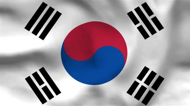 National flag of South Korea on wavy cloth. Features the central yin-yang symbol on a white field. Top-down view for Asian business, travel, and independence day themes