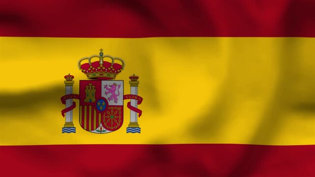 High-quality top-down view of the Spanish flag on wavy cloth. Features red and yellow stripes with the royal emblem. Perfect for travel, European news, and national holiday themes