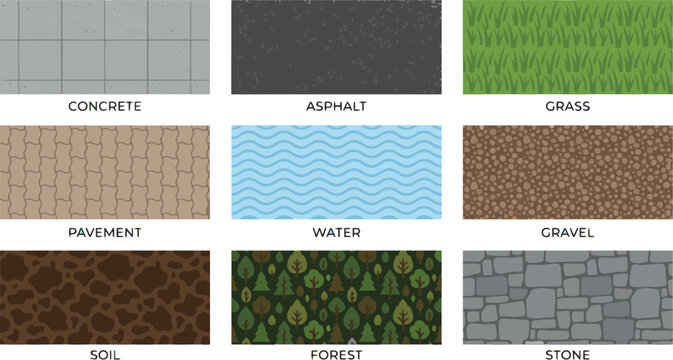 Create a realistic Vector pattern texture cad set for landscape architecture. Includes concrete, asphalt, grass, pavement, water, gravel, soil, forest, and stone surfaces. color vector art .