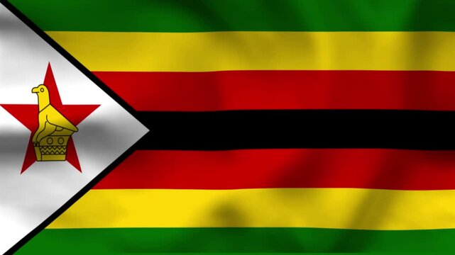 National flag of Zimbabwe on wavy cloth. Features colorful horizontal bands with the Zimbabwe bird. Top-down view for national holidays and news themes