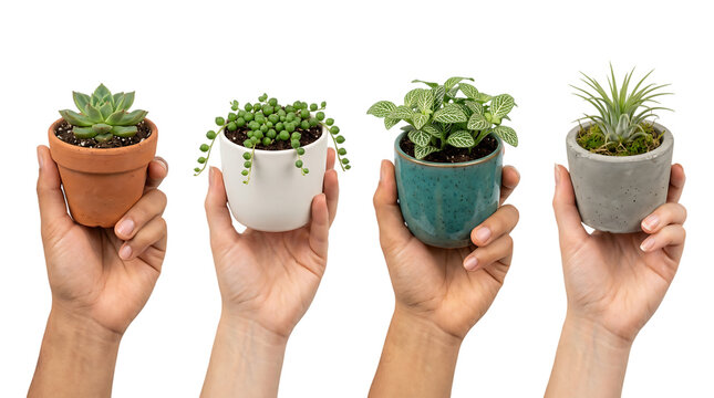 Four hands holding small potted plants with isolated on white background, png transparent set, bundle collection, products festive celebration, event festival 2026, 2027 2028 download