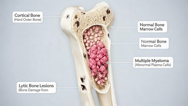 3D Medical Illustration of Multiple Myeloma in Femur Bone, Labeled Diagram Showing Cortical Bone, Normal Bone Marrow Cells, Abnormal Plasma Cells and Lytic Bone Lesions, Hematology Oncology Educationa