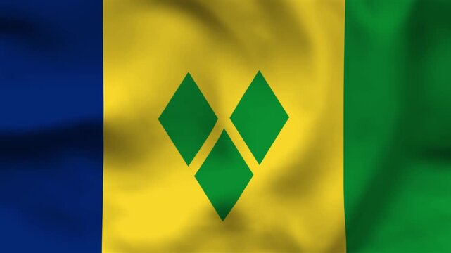 National flag of Grenada on wavy silk cloth. Features red, yellow, and green panels with gold stars and nutmeg symbol. Top-down view for Caribbean travel and independence day.