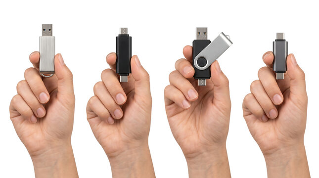 Four hands holding usb flash drives in isolated on white background, png transparent set, bundle collection, products festive celebration, event festival 2026, 2027 2028 download