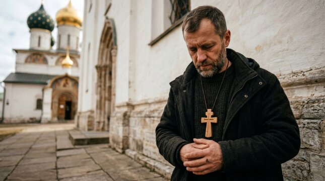 A pensive elderly monk holds a wooden cross in front of an ancient Orthodox church and prays. He is dressed in black. He serves God. He is a novice at the monastery.