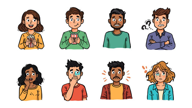 Emotions Expressed: A vibrant collection of diverse individuals displaying a wide range of human emotions from joy and surprise to confusion and distress, presented in a clean.
