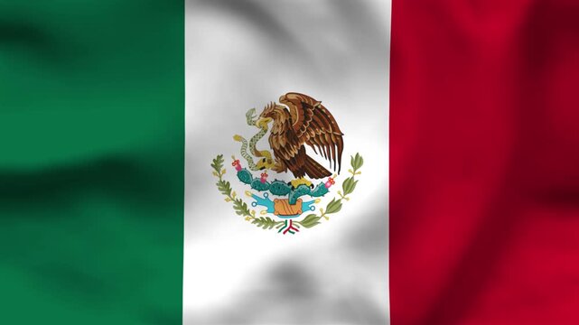 National flag of Mexico on wavy cloth. Features the vertical tricolor with the eagle and serpent crest. Professional top-down perspective for national holidays and news.