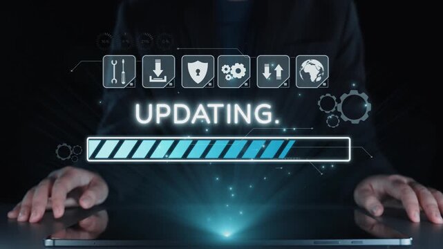 A captivating scene highlighting hands on a laptop with virtual icons representing a software update. This image illustrates modern technology and innovation in business settings. Qubit
