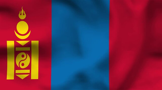 National flag of Mongolia on wavy cloth. Features red and blue vertical bars with the golden Soyombo emblem. Top-down perspective for national holidays and news.