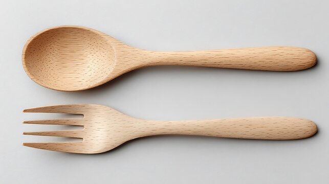 Wooden spoon and fork set handcrafted from natural sustainable beech wood with smooth finish arranged on a clean minimalist neutral background for eco-friendly kitchenware concept
