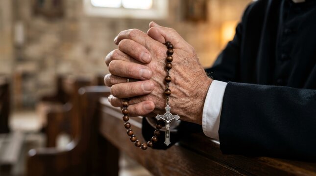 Close-up of elderly man's hands holding rosary beads in prayer, showing faith and devotion during a religious ceremony inside a church