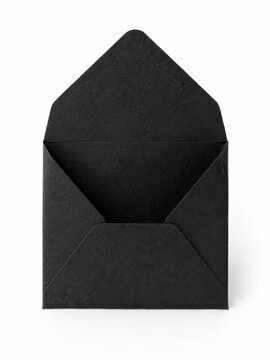 Open empty black textured craft paper envelope standing upright with the inner pocket clearly visible matte handmade paper surface and clean folded edges luxury invitation packaging concept