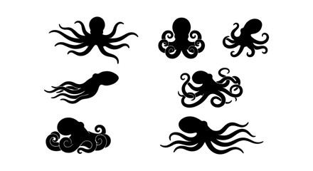 Octopus Silhouettes Set: Marine Life Vector Icons, Nautical Underwater Creatures, Kraken Graphics © ROKON