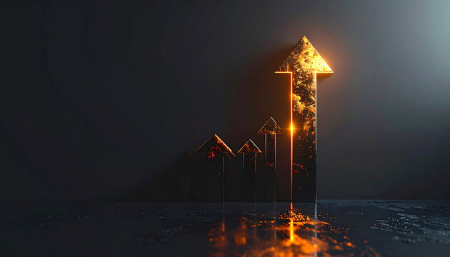 Golden arrow graph rising up on dark background