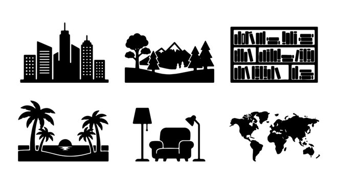 Vector Icons: Cityscape, Nature, Bookshelf, Beach, Living Room, World Map