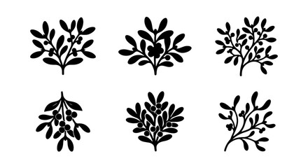 Botanical Branch Silhouettes, Mistletoe Vector Icons, Festive Plant Elements, Holiday Decor Graphics © ROKON