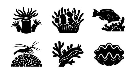 Ocean Life Icons Set, Coral Reef Creatures Vector Graphics, Marine Biology Symbols © ROKON